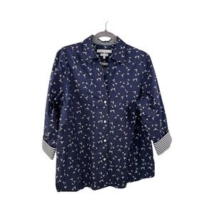 Foxcroft Navy Blue Blouse with White Pattern